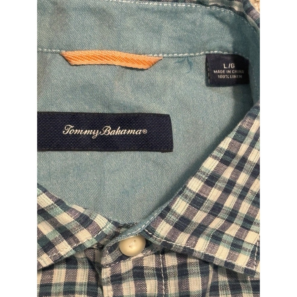Tommy Bahama Mens Short Sleeve Gingham 100% Linen Button Up Shirt Large Damage - Picture 2 of 9